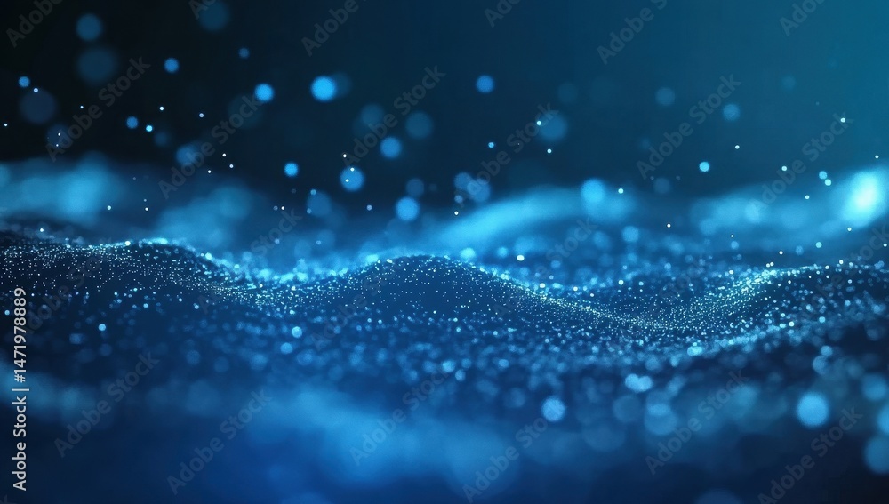 Poster abstract wavy blue particles on dark blue gradient background with bokeh effect for modern technolog