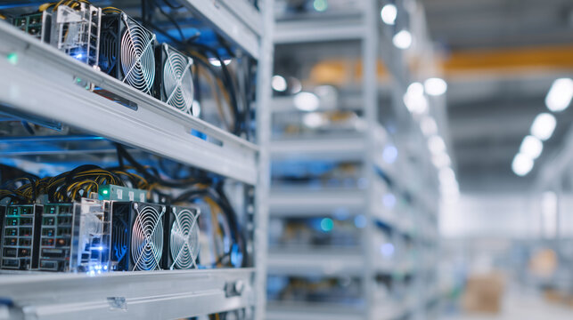 Close view of stacked mining rigs with active GPUs on industrial gray shelves, soft shadows on white walls, illuminated cooling fans in motion