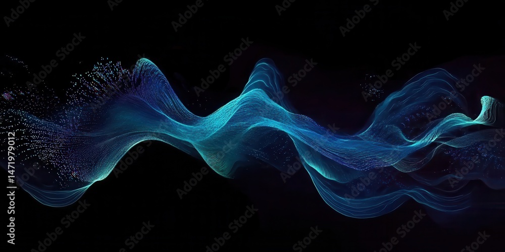 Poster abstract wavy light streams in blue and teal against black background sparkling particles data flowi