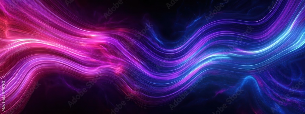 Poster abstract wavy light trails in pink and blue on black background creates a dynamic glowing effect sui