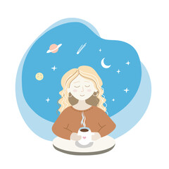 A woman with a cup of coffee is resting at a table