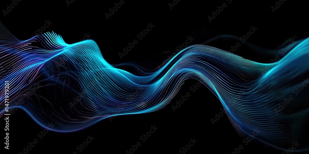 Poster abstract wavy lines with glowing dots in blue digital art on black background for futuristic design 