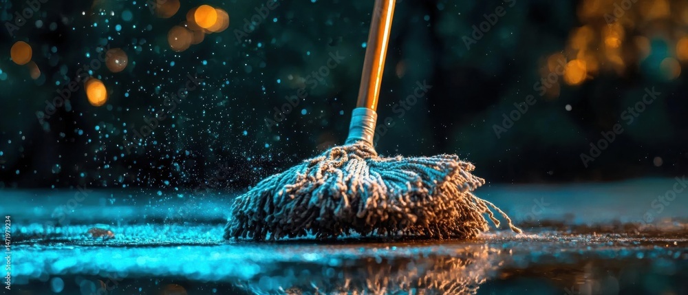 Poster close-up of a mop with a long handle and a blue mop head. the mop is being used to clean a puddle of