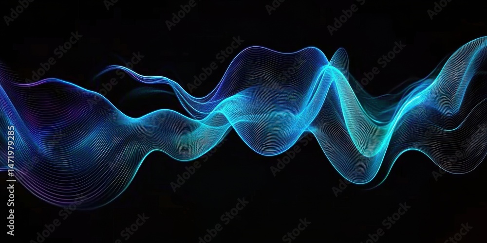 Poster abstract wavy particle stream in blue and purple hues on black background digital art dynamic motion