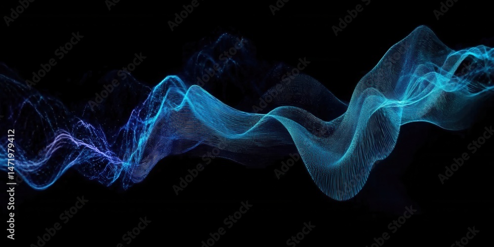 Poster abstract wavy pattern with turquoise and blue dots on black background visualization of data flow an