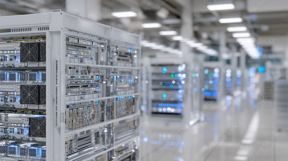 Aufkleber air-cooled mining systems housed on gray racks in a modern, minimalist server room, white background