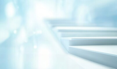 Obraz premium Abstract White Stairs Ascending Towards a Bright Light Sky Background Symbolic of Progress and Hope with Minimalist Geometric Design and Clean Perspective