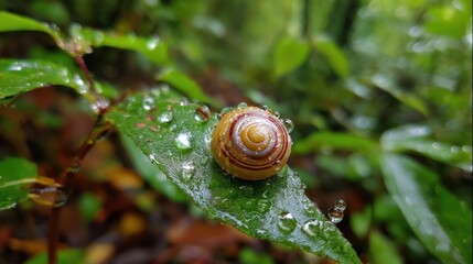 Close-up of a Colorful Snail Shell on a Leaf with Water Drops in a Lush Green Forest