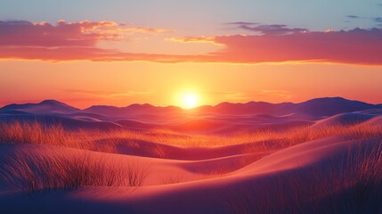 Obraz premium Colorful sunset over a vast desert landscape.
