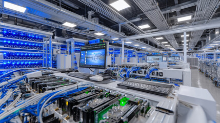 Fototapeta premium Bright cryptocurrency mining facility with perfect cable management, white walls glowing under LED ceiling panels, miners arrayed on black shelves with precision