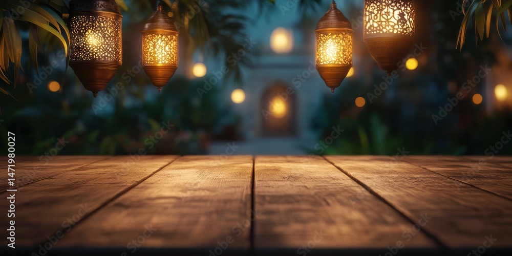 Poster arabic lanterns illuminating a wooden table at night with an ornate building and tree background for