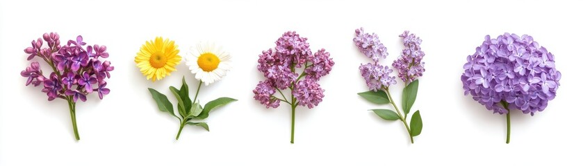 Assorted Purple and Yellow Flower Arrangement Featuring Lilacs Hydrangeas and Daisies on a White Background in a Flat Lay Still Life