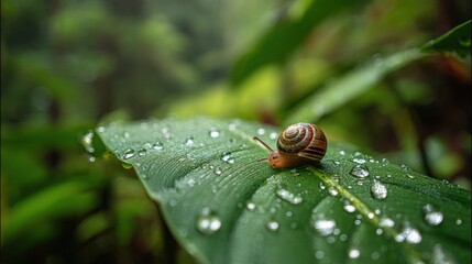 Close-Up of Snail on Green Leaf with Water Drops in Lush Tropical Forest Environment