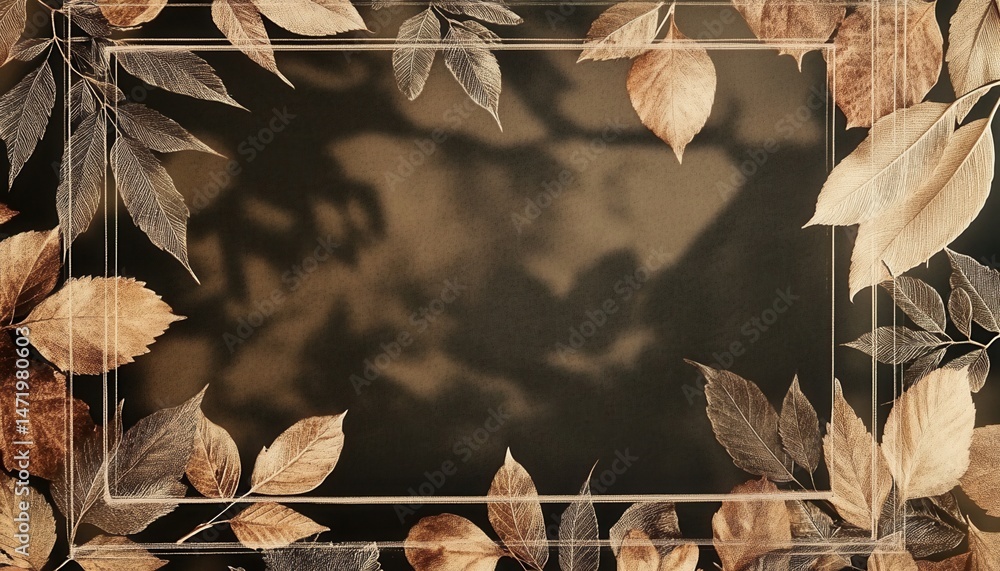 Poster autumnal golden leaves frame with warm bronze tones and intricate leaf patterns against a textured b