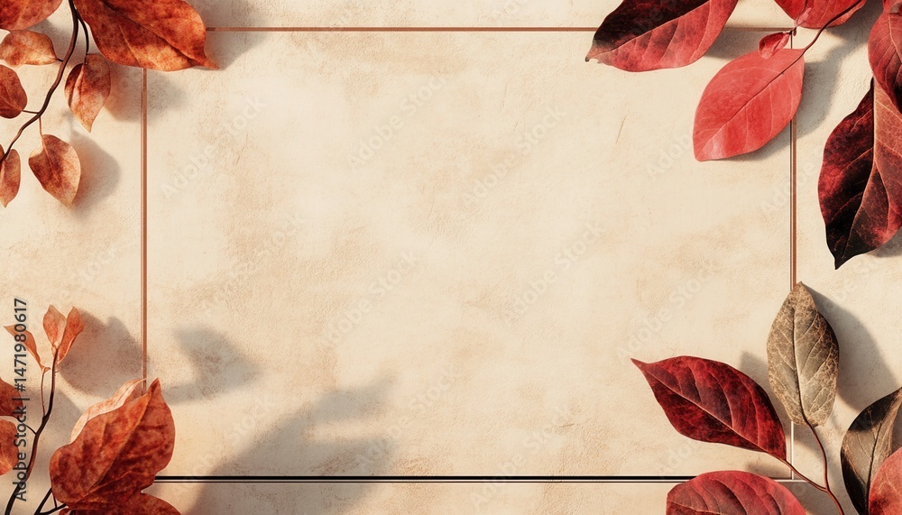 Poster autumnal frame with warm toned leaves and a faux textured background featuring empty space and a neu