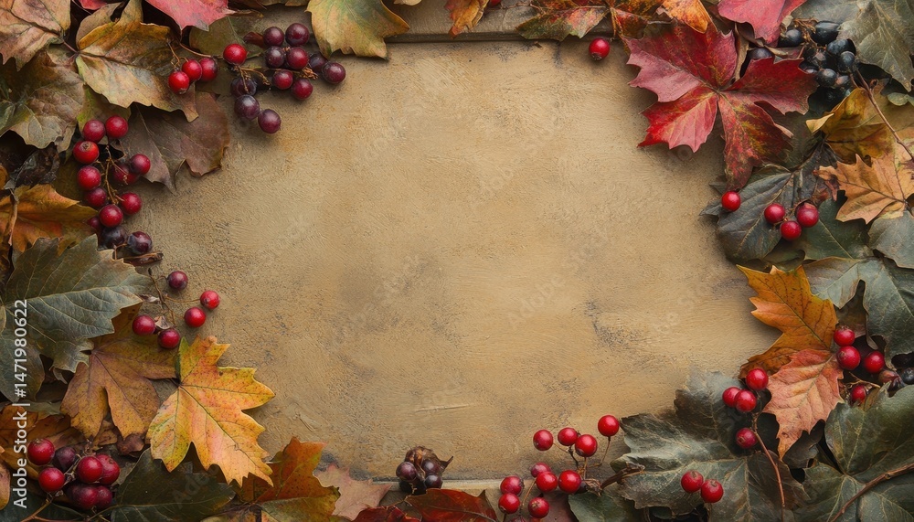 Poster autumnal grapevine frame with red berries and colorful leaves against a textured backdrop creating a