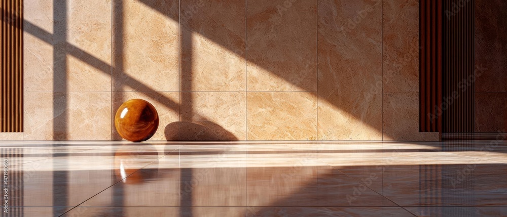 Fototapete empty room with a tiled floor. the walls are made of beige tiles and there are two vertical columns 