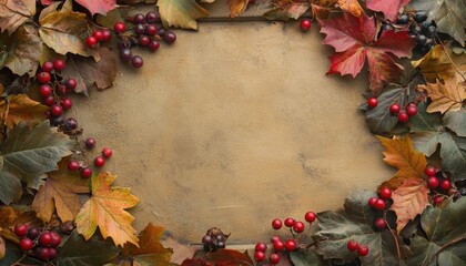 Autumnal Grapevine Frame with Red Berries and Colorful Leaves Against a Textured Backdrop Creating a Seasonal Decorative Border in Natural Light with Earthy Tones and Organic Arrangement