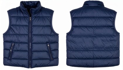 Navy blue insulated down vest on a white background showcasing front and back views for outerwear apparel design and winter fashion