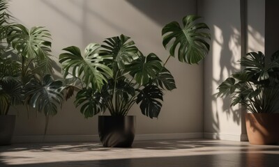 Fototapeta premium Luxurious dark foliage, oversized monstera, philodendron, deep shadows, jungle background, pattern, background