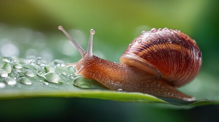 Close-Up of a Snail Crawling on a Fresh Green Leaf with Water Droplets in Nature