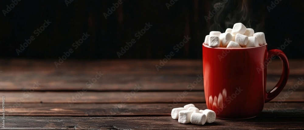 Poster red mug filled with white marshmallows on a wooden table. the mug is placed on the right side of the