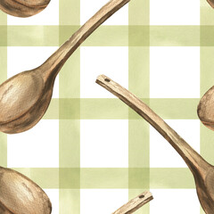 Kitchen rustic watercolor seamless pattern with green plaid background and wooden spoon illustration. Hand drawn stripes and spoons geometric clipart for wallpaper, textile, fabric design