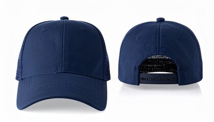 Navy blue trucker cap front and back view on white background for mockup template