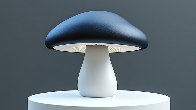 Straight-on minimalist table lamp with mushroom silhouette, black matte finish base and dark blue shade on a white circular podium against a soft grey background, modern design and ambient lighting. - Powered by Adobe
