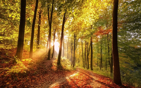 A serene autumn forest path photograph with golden sunlight streaming through tall deciduous trees