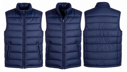 Navy blue puffer vest isolated on white background perfect for fall and winter fashion featuring front and back views for clothing catalog or online store