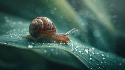 Close-Up of a Snail on a Leaf with Water Drops in a Serene Nature Setting at Sunrise