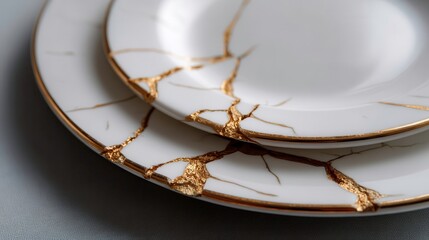 Kintsugi Plates, Golden Repair, Tableware, Elegant and Modern