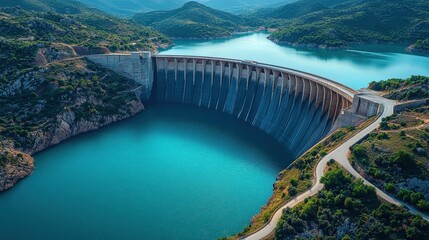 Majestic dam with turquoise reservoir and surrounding mountains.