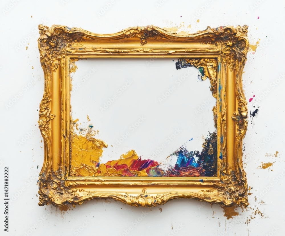 Poster ornate gold frame with vibrant paint splatters and texture, showcasing a blank canvas area ideal for