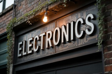 Obraz premium A storefront sign displays the word ELECTRONICS in bold metallic letters on a circuit board background. A light bulb hangs above, with brick and greenery visible.
