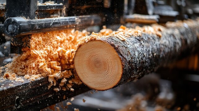 Log being processed by a sawmill.  Wood chips fly from the freshly cut log