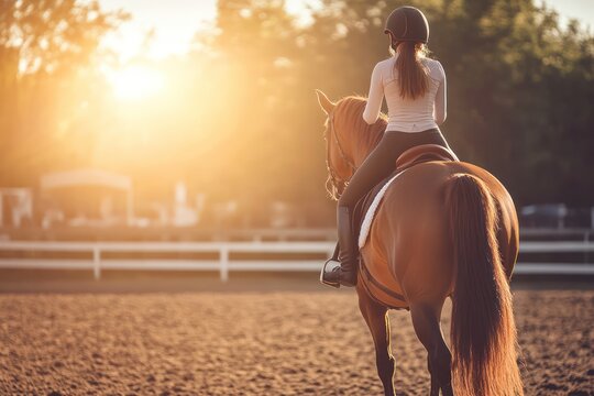 Young girl riding horse in sunlit equestrian arena