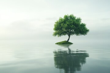 Solitary green tree floating on calm reflective water