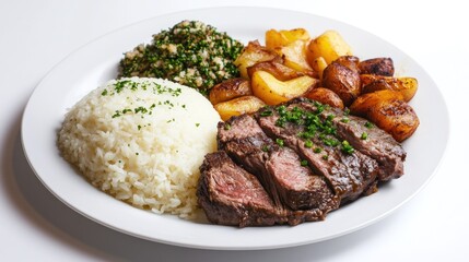Plate of sliced steak, rice, and roasted potatoes