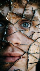 Close-up portrait of a person with broken glass covering the face.