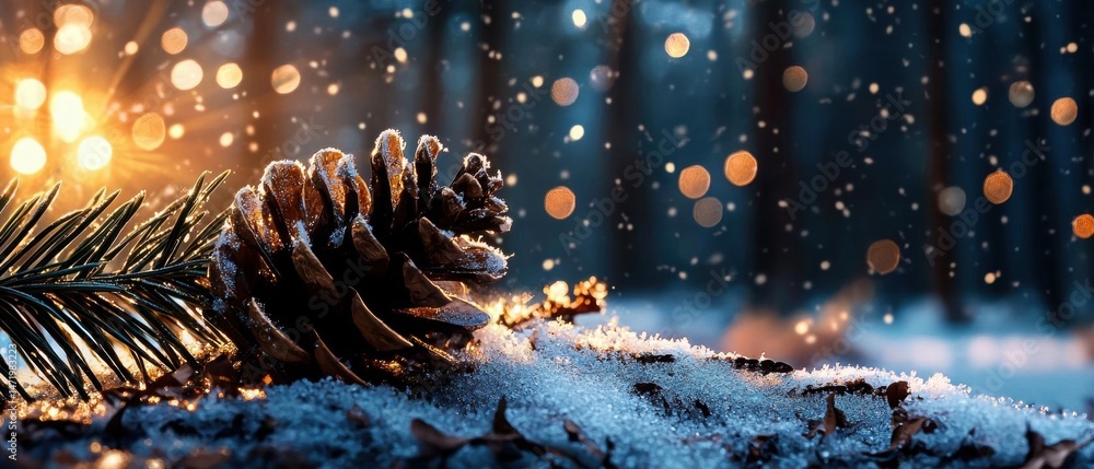 Poster close-up of a pine cone on a branch of a tree.
