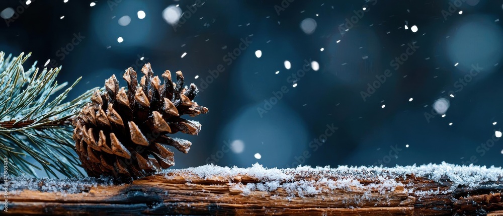 Poster close-up of a pine cone on a branch of a tree. the pine cone is brown in color and has a pointed tip