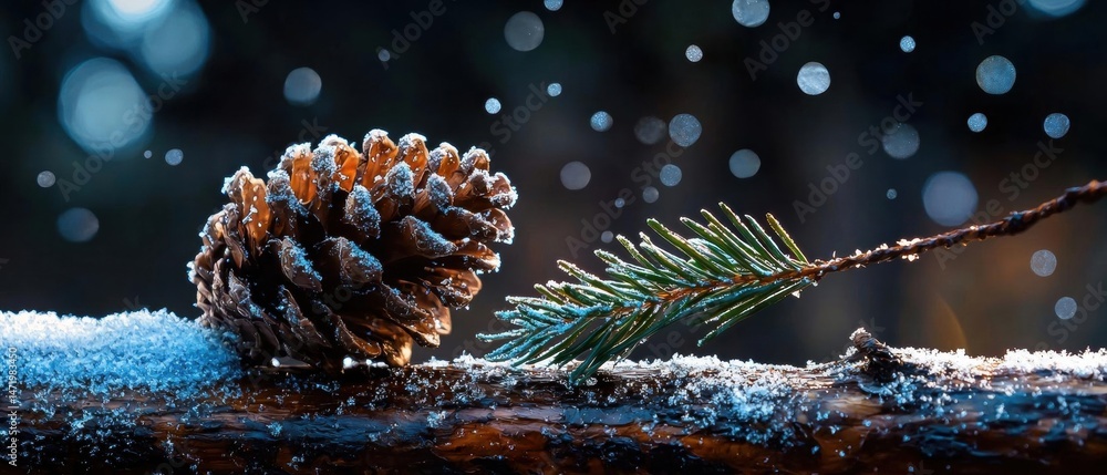 Poster close-up of a pine cone on a branch covered in snow. the pine cone is brown in color and has a point