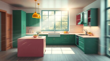 A bright, modern kitchen features vibrant teal cabinets, a pink island, and yellow pendant lights, flooded with natural light and shadows from a large window.