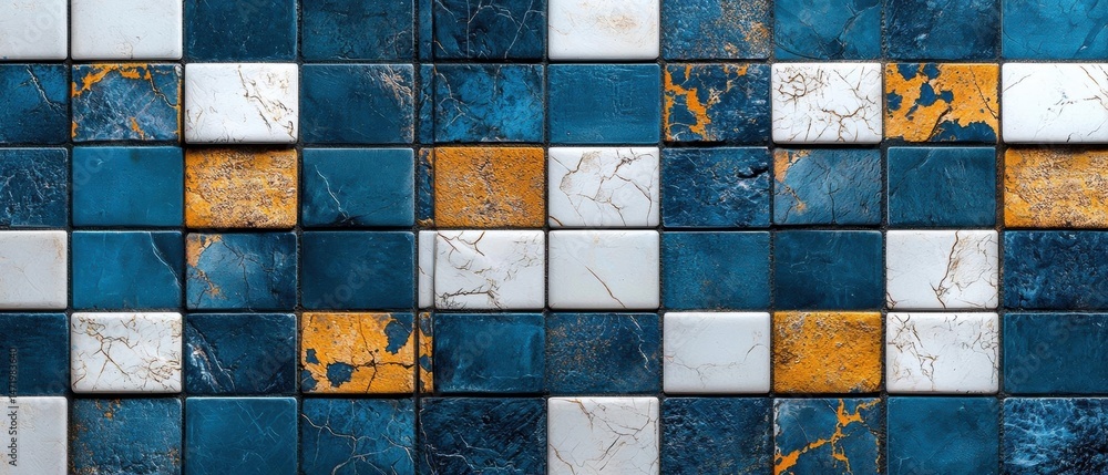 Poster close-up of a mosaic tile wall. the tiles are arranged in a grid-like pattern, with each tile having
