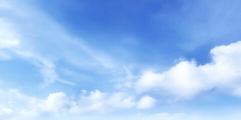 Fototapeta premium Bright midday sky with thick soft cumulus clouds floating gracefully, creating serene and peaceful atmosphere. vibrant blue backdrop enhances beauty of clouds