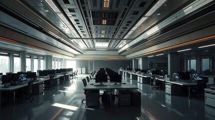 Obraz premium A large, empty modern office space with rows of desks, computers, and ample lighting, conveying a sleek and organized professional environment.