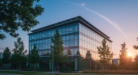 Fototapeta premium Modern Office Building Facade at Sunset