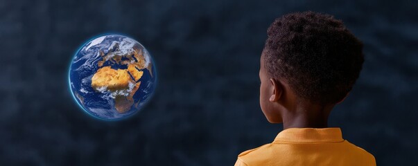 A young boy gazes thoughtfully at a floating image of planet Earth against a dark background.